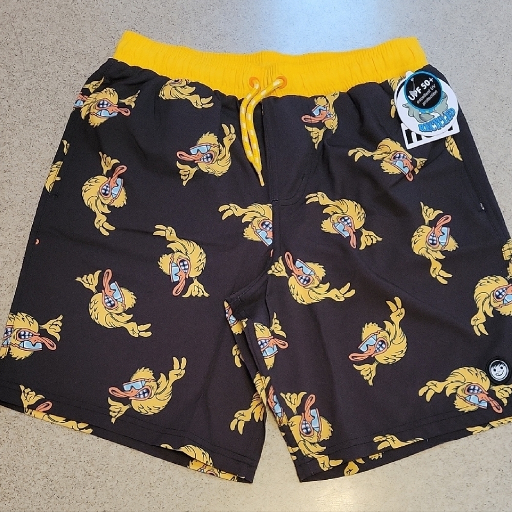 Neff Fired Up Duck Black Swim Trunks Size 8 Medium UPF 50 New With Tags